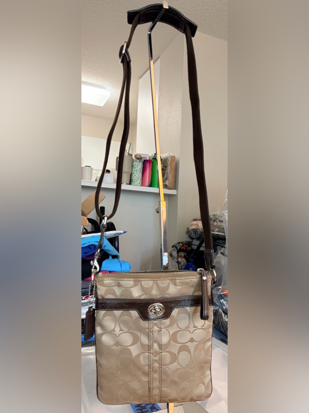 Coach Beige and Brown Signature Crossbody Bag with Turn-Lock - Picture 10 of 10